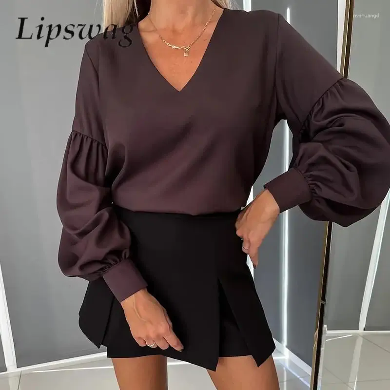 Blouses Femme Sexy Col en V Bureau Dames Blouse Élégant Patchwork Lanterne Manches Solide Simple Chemise Casual Lâche Femmes Pull Tops