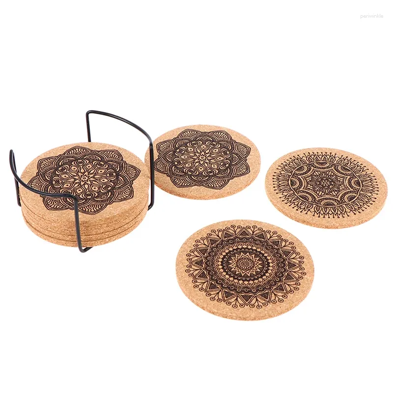 Bord mattor 12x mandala rund trä med rack set kork cork copp cup pot pad skål placemat värmetät matta kök bordsartikett tillbehör