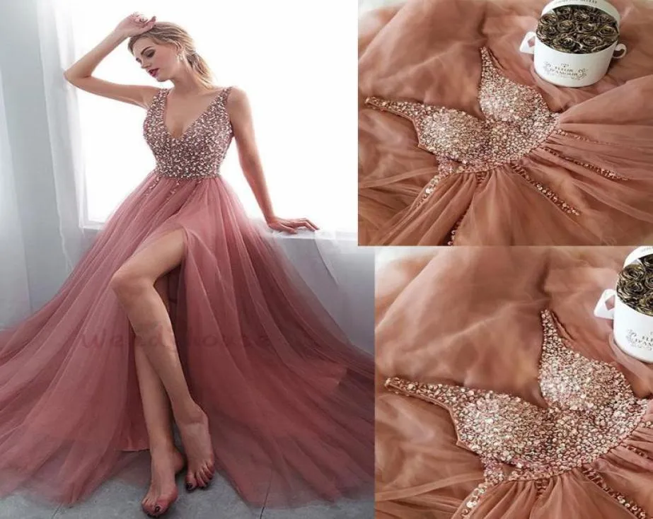 Sparkly Dusty Rose Champagne Col En V Profond Robe De Bal De Soirée Cristal Perlé Côté Fendu Haute Perlée Paillettes Robes De Soirée Formelles Pagean6719879