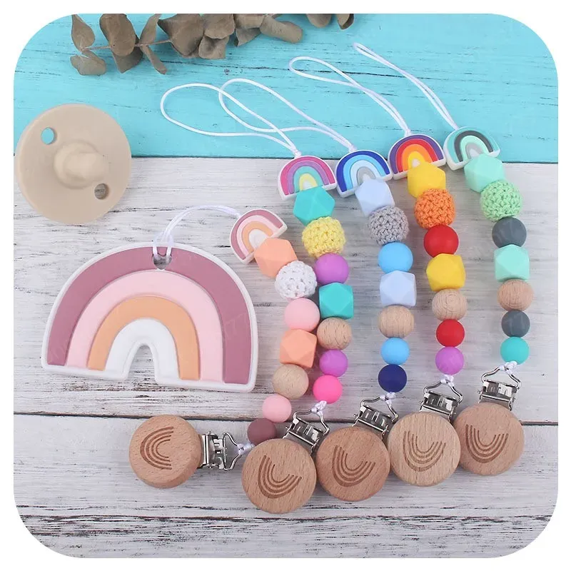 Baby Fopspeenketting Houders Baby Cartoon Beuken Regenboog Fopspenen Clips Pasgeboren Voeden Natuurlijke Houten Siliconen Kralen Tandjes Tanden LL