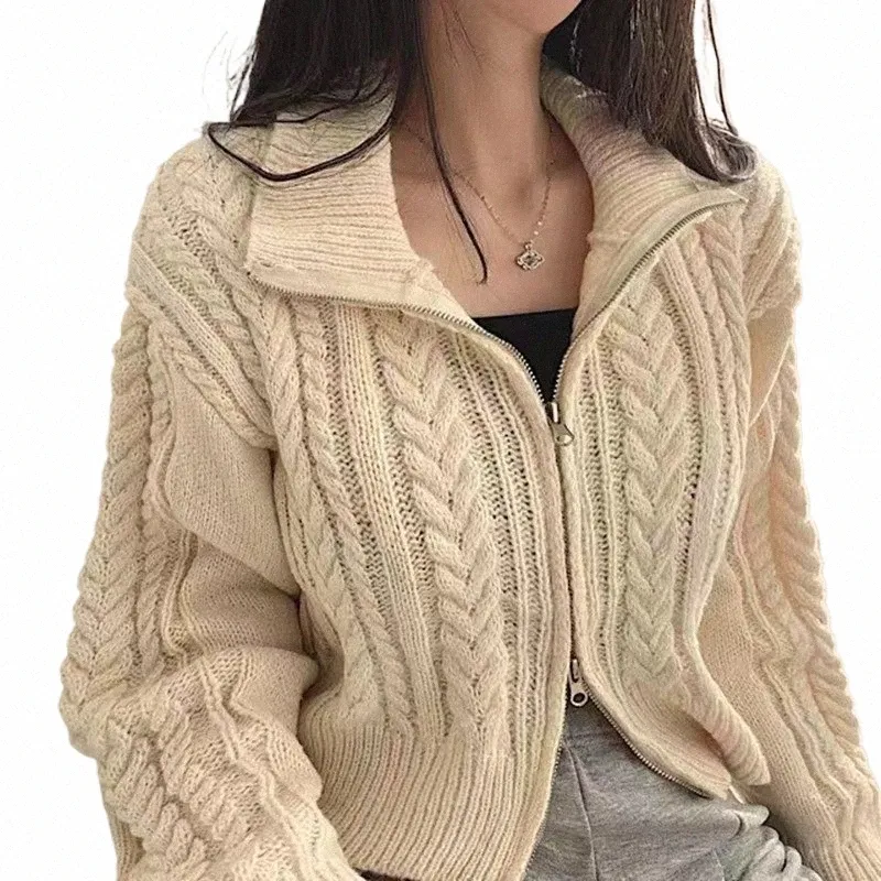 Crop Zip Up Cardigan per le donne Misto lana Cavo Maglia con cerniera Maglione Giacca Donna Autunno Inverno Coreano Fi Outfit Y87L #