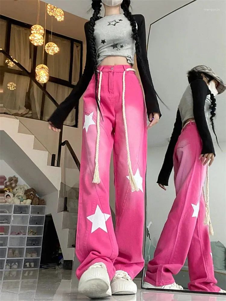 Damesjeans Vintage trekkoord Roze Y2k Baggy Dames Amerikaanse stijl Star Printing Streetwear denim broek Hoge taille broek