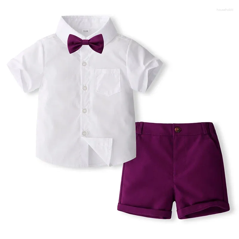 Set di abbigliamento Estate Bambini Bambino Ragazzo Vestito da gentiluomo Tinta unita Camicia a maniche corte Papillon e pantaloncini Set di vestiti