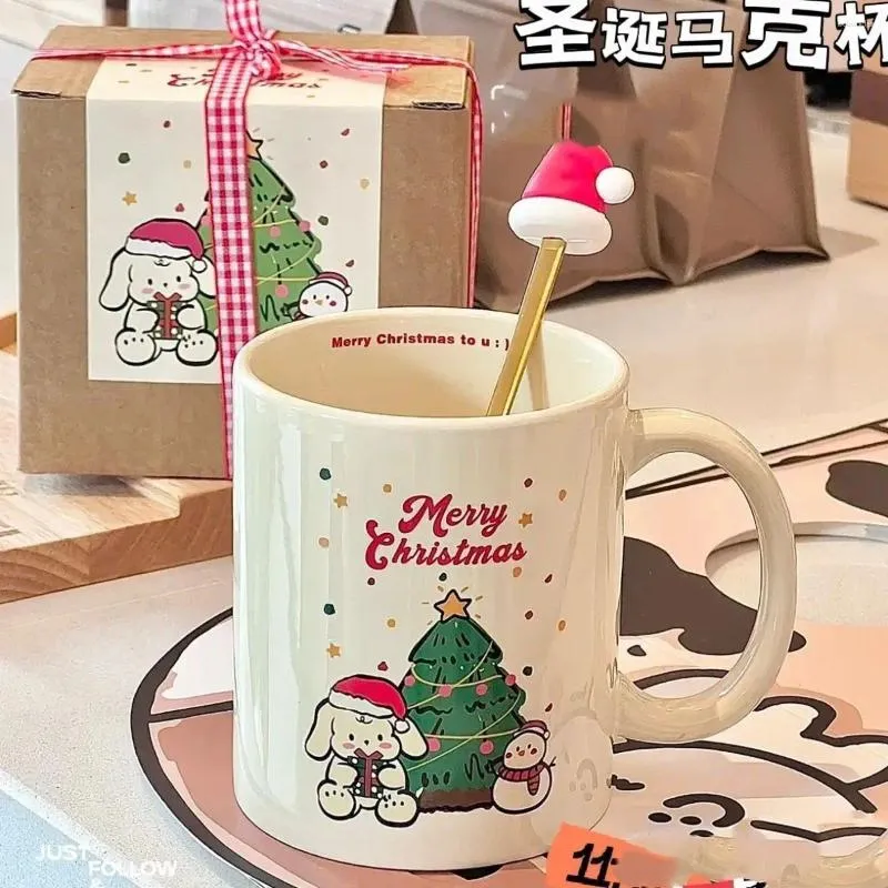 Mugs Xmas Ceramic Christmas Creative Cup High-capacity Cartoon Happy Coffee Couple With Lid Year Gifts