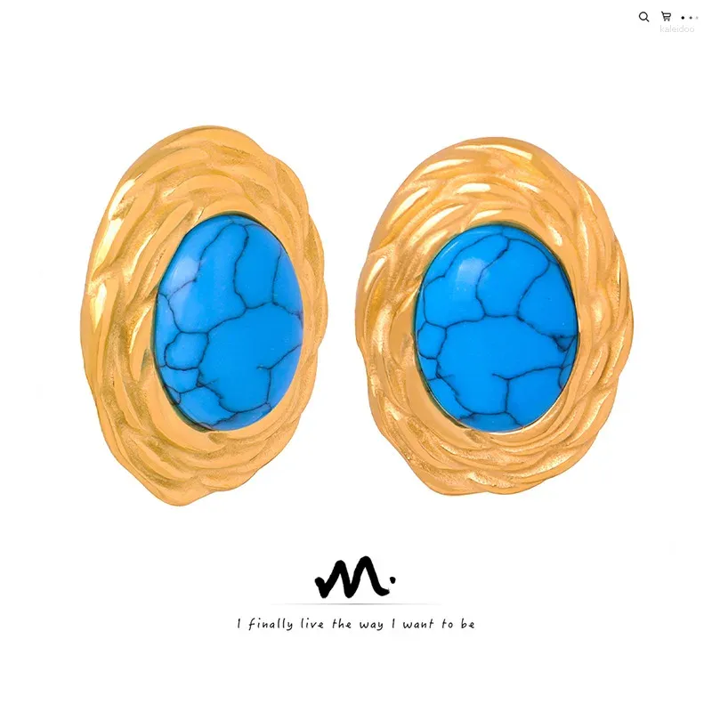 Серьги-кольца во французском стиле, ретро, модные, высококачественные, легкие, роскошные, с натуральным бирюзовым орнаментом, из титановой стали, позолоченные, овальные для W