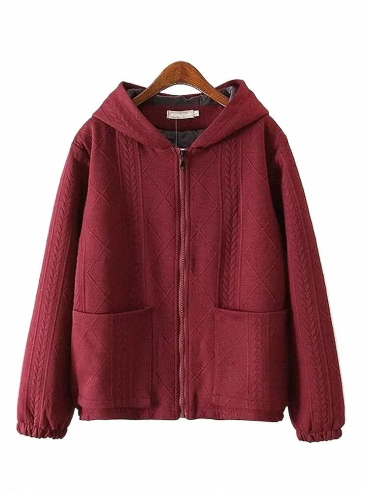 Plus Size Damen Herbst Winter LG Ärmel gewebte Stoffe Sweatshirt mit Tasche Zip-Up Cardigan Dicke Cott Kapuzenjacke x5tU #