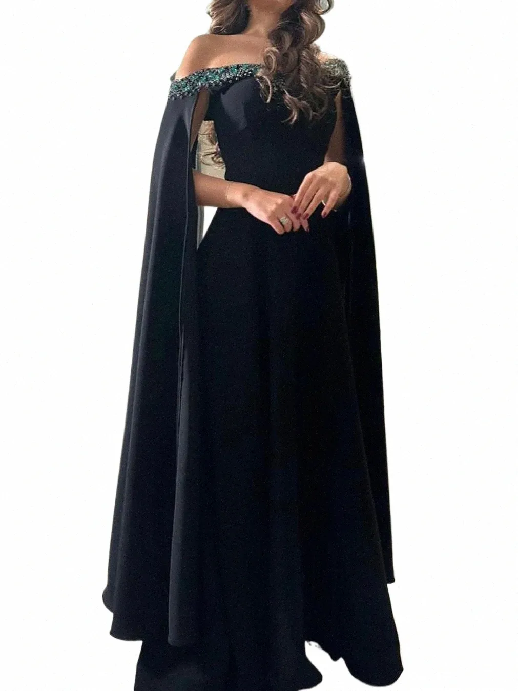 Saudi Arabia Women Prom Dres Formell lyxkväll Dres Pärlade kristaller golvlängd veckad svart parti dr n4gc#