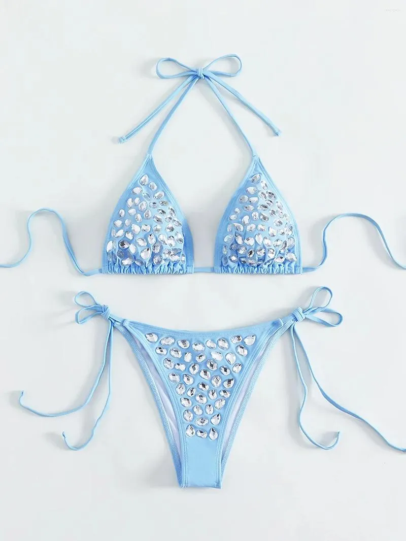 Women's Swimwear 2024 Women Luxurious Rhinestone Swimsuit Blue 2 Piece Bikini Set Sexy V-neck Suspender Lace-Up Bathing Suit Summer