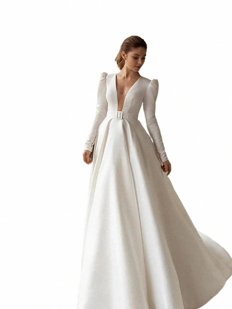 Classic Elegant Wedding Dres A-Line Satin Bridal Gowns V-Neck LG Sleeves Robes For Formal Party 2024 Vestidos de Novia 2023 33CU#