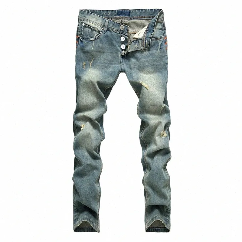 Nya Fi Hole Jeans Denim Men LG Regular Byxor Straight Ripped Districed Pants Masculino Casual Brand Simple Plus Size C73C#