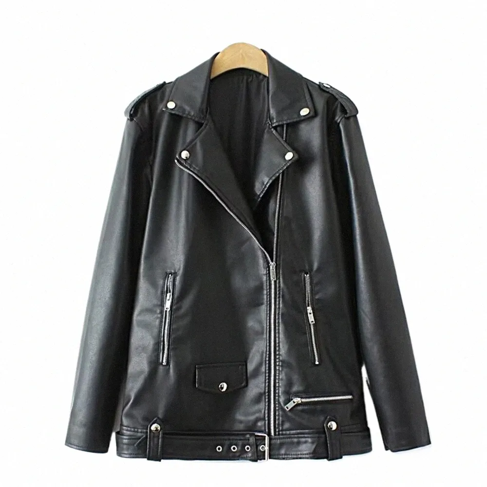 Unizera 2023 Autumn/Winter New Product Women's Fi Casual Loose Versatile Flip Collar Faux Leather Jacket Q3ro#