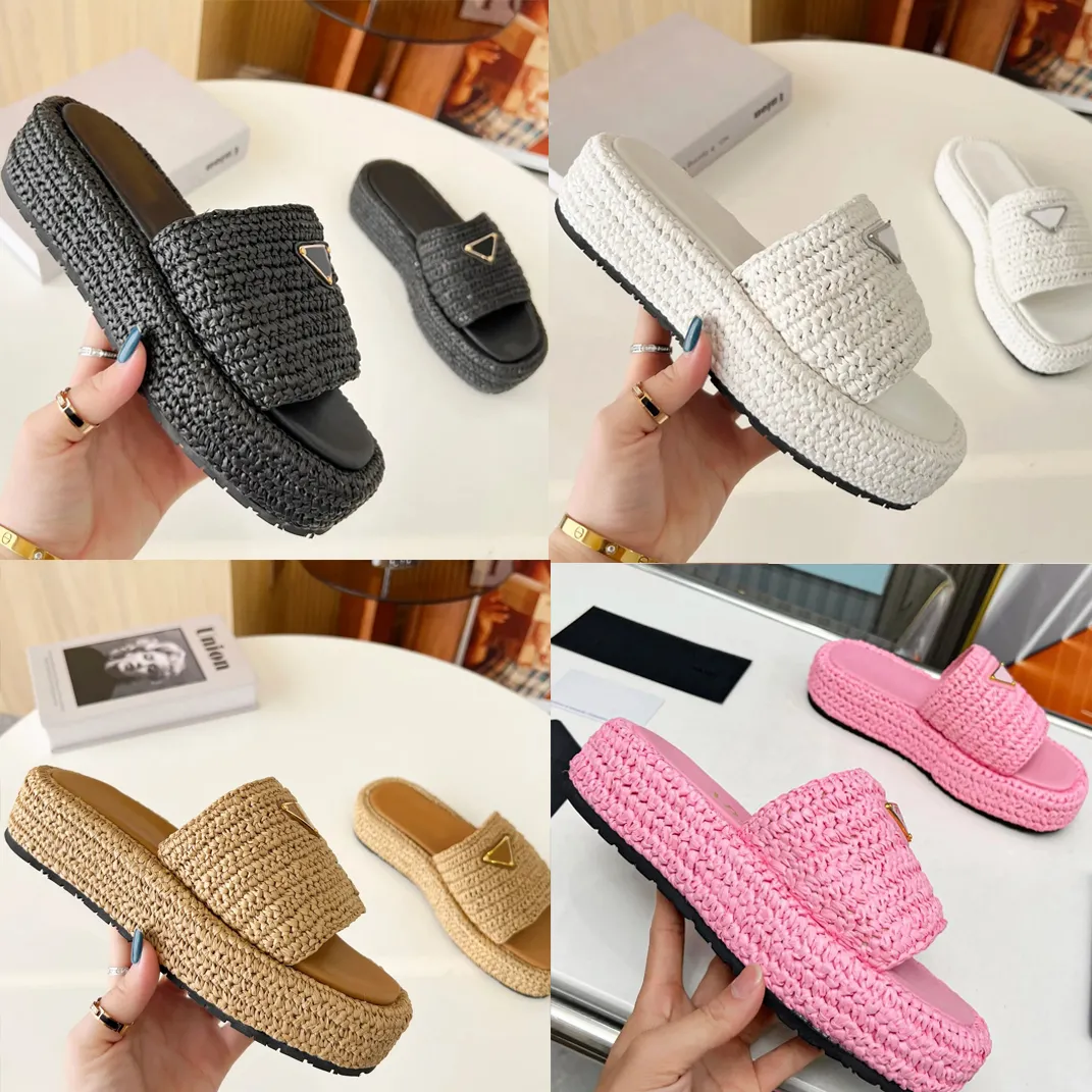 2024 Designer Slippers Sandals Men Women Gold Buckle Slip On Black Brown Pink Slides Crochet Slider Women Casual Sandal Platform Wedges Straw Flatform Flip Flops