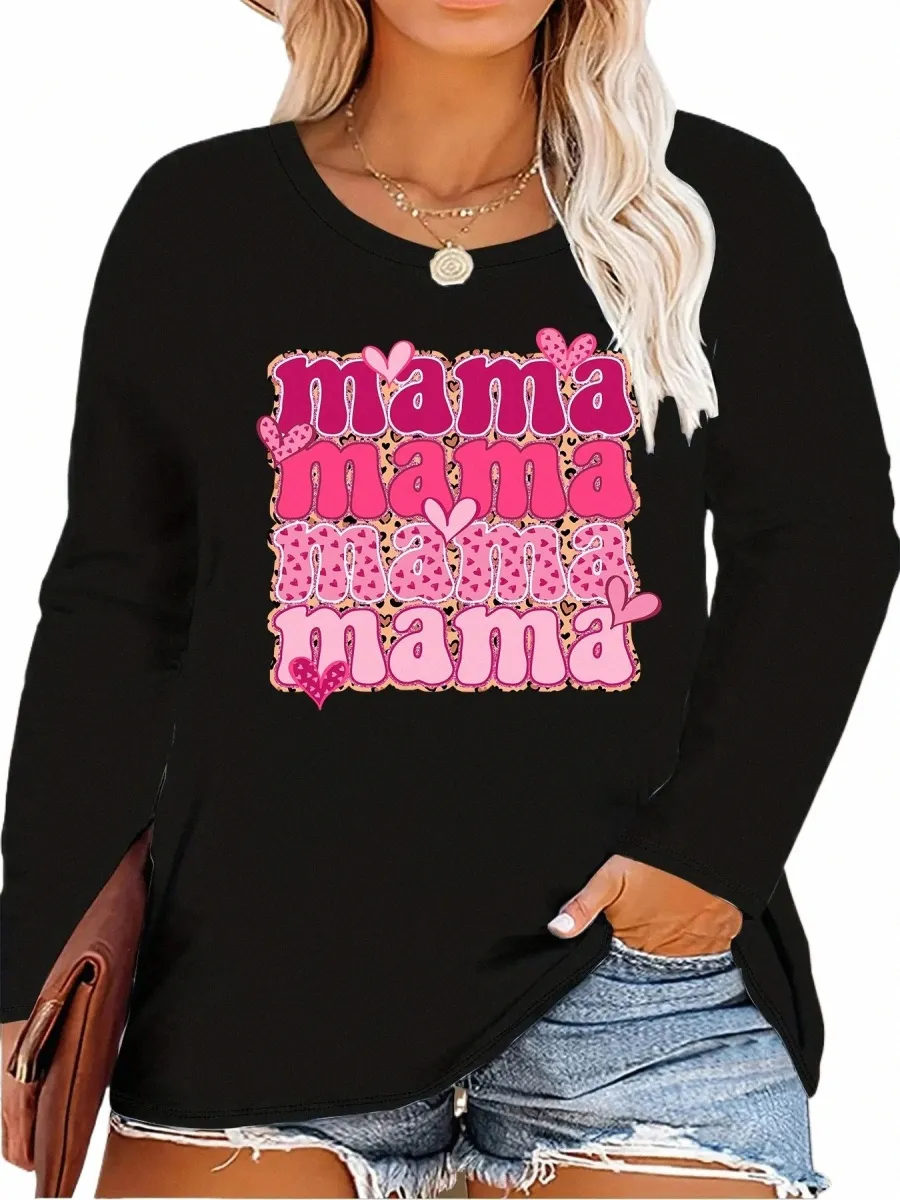 T-shirt manica lunga autunno/inverno da donna taglie forti, festa della mamma rosa, stampa MAMA di San Valentino, più colori, stile casual, k5qr#