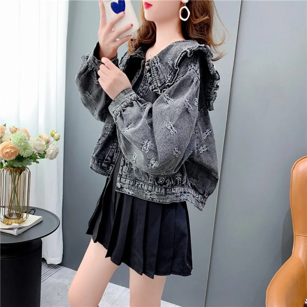 DHgate.com:Sweet Ruffles Denim Jacket: Retro Peter Pan