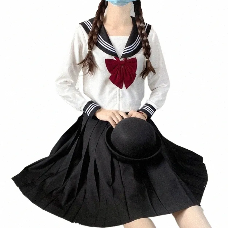 Uniforme JK pour femmes japonaises, costumes noirs avec nœud papillon, veste à manches courtes/lg, uniformes scolaires, style collégial, costume de marin c8B0 #