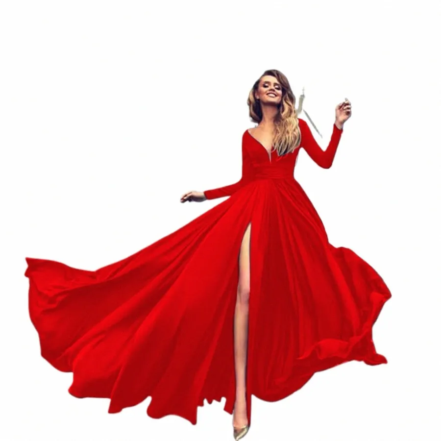 Cocktail Dres för kvinnor 2024 Elegant elegant fast färg LG Sleeve V Neck Maxi Red Dr Vintage Formal A-Line Prom Dr X5KF#