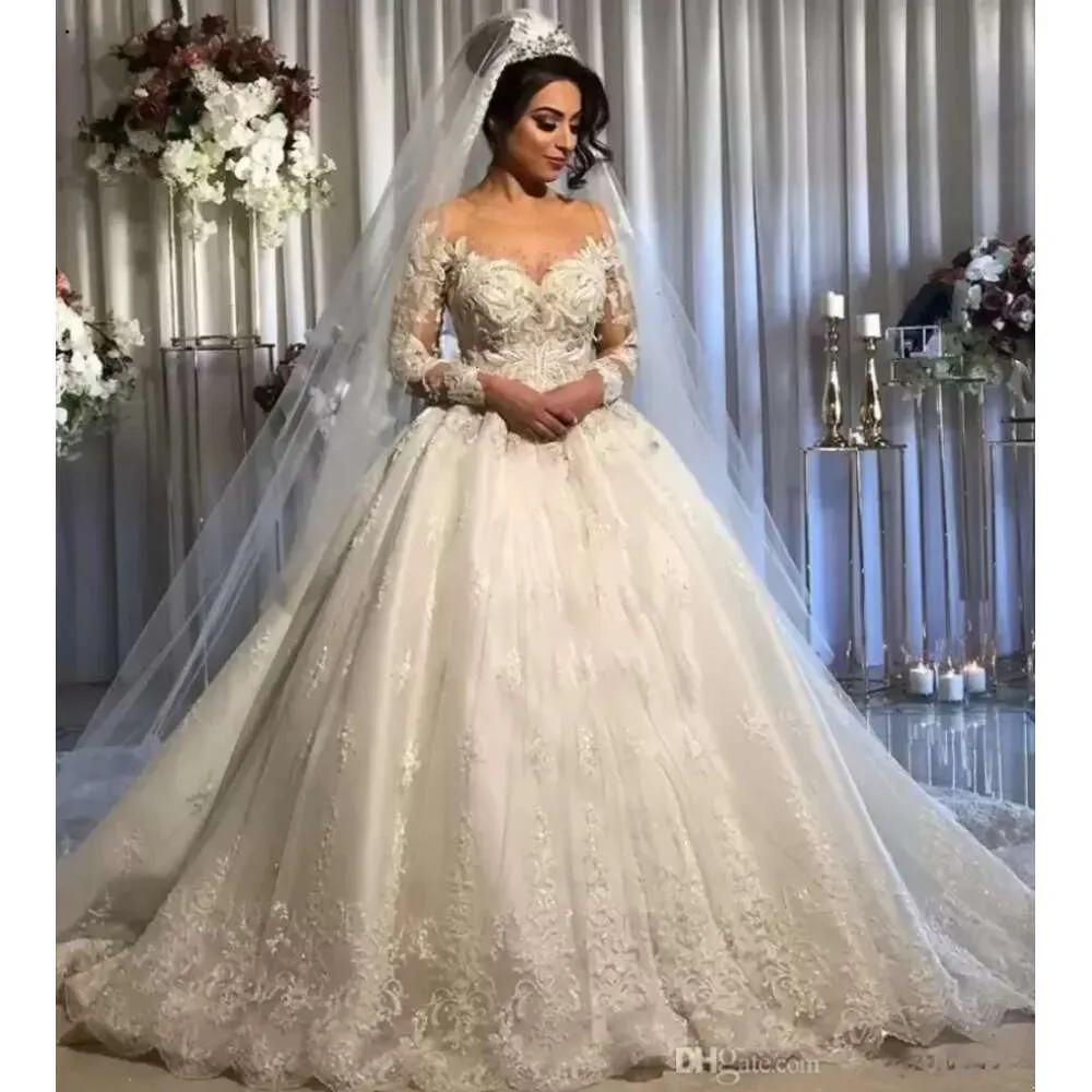 Robe de mariée princesse en dentelle perlée, arabe, col transparent, manches longues, en Tulle, Sexy, Vintage, sur mesure