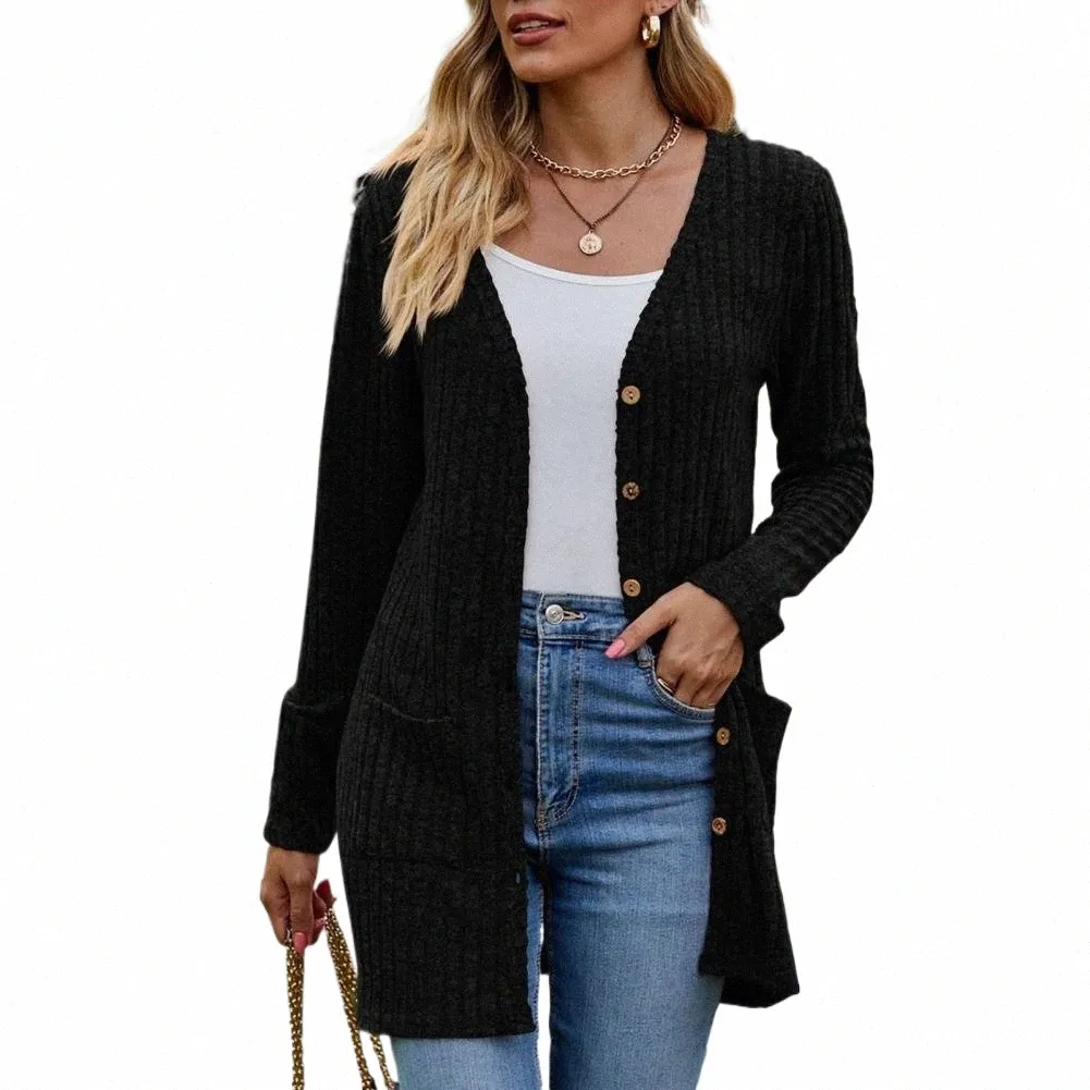 Solid Color Cardigan Elegant Sticked Women's Winter Coat med mjuka fickor Anti-pillande värme Stylish Single-Breasted For Fall O7HM#