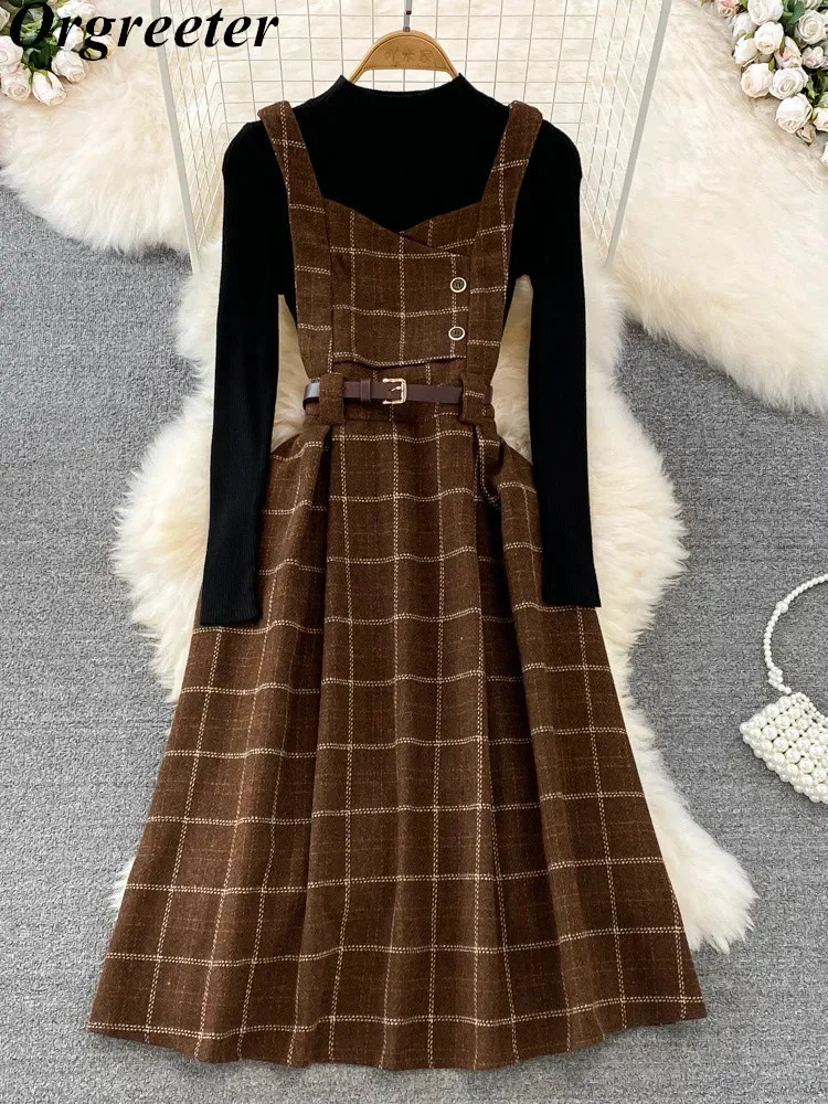 High Quality Fall Winter Women Sweater Overalls Dress Sets Casual Knitted Tops Plaid Woolen 2 Piece Outfits Female 240323