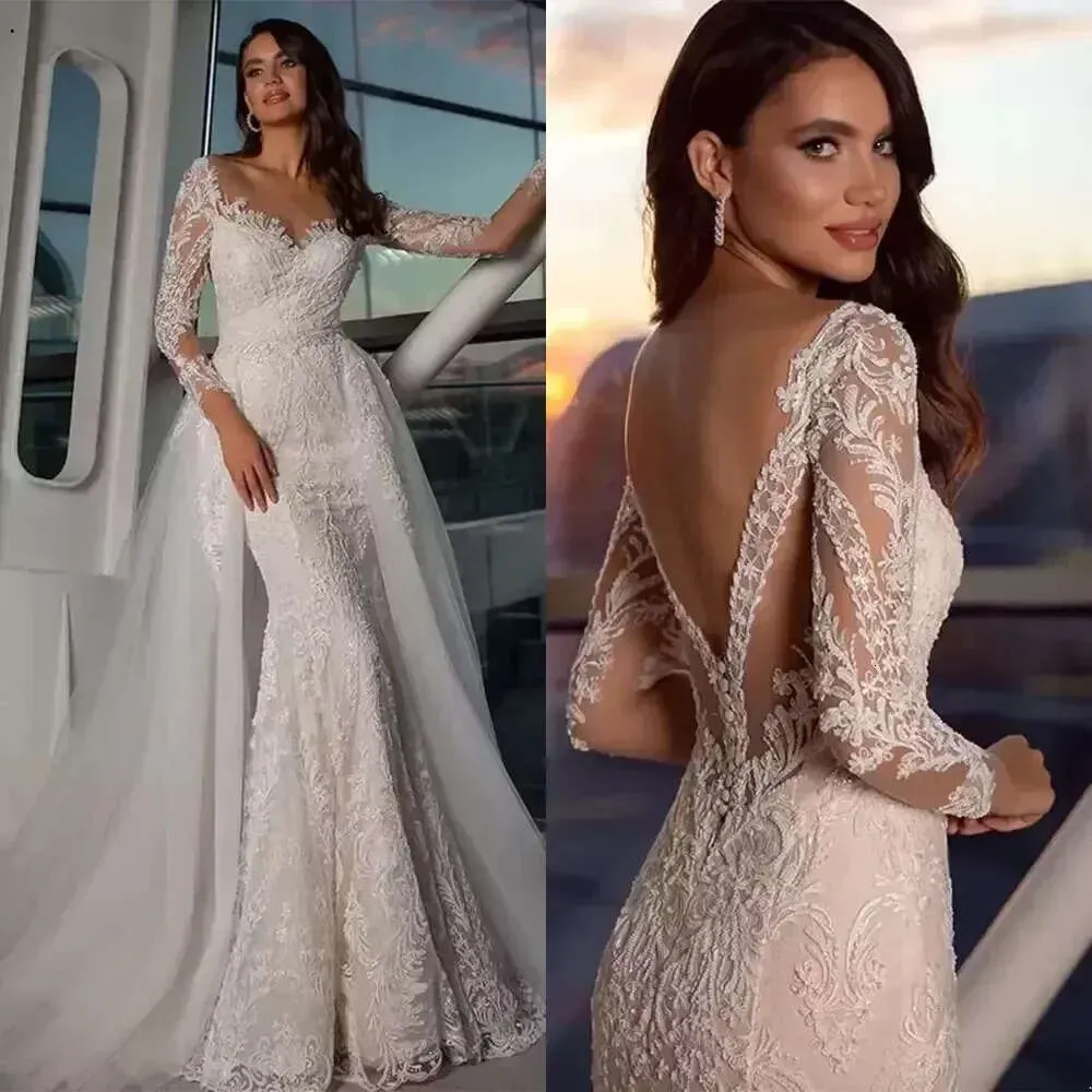 Elegante praia sereia vestido de casamento pura jóia pescoço renda manga longa vestidos de noiva sem costas boho vestidos de noiva feitos sob encomenda