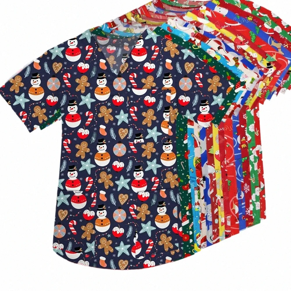 Unisex Christmas Scrub Tops 간호사 셔츠 캐주얼 짧은 슬리브 의료 위생 유니폼 간호사 블라우스 V- 넥 수술 유니폼 톱 52E8#