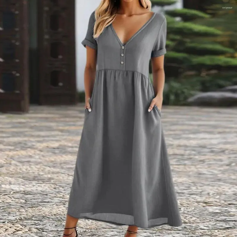 Robe de soirée pour femmes, ourlet ample, couleur Pure, col en V, ligne a, manches courtes, taille serrée, poches, vacances, plage, Maxi