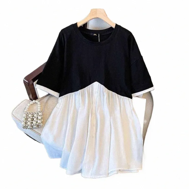 Plus-Size-Damen-Sommer-Persality-Spleiß-Top plus LG-Pendler-T-Shirt in Schwarz-Weiß-Farbe mit Kontrastdesign L2N8 #