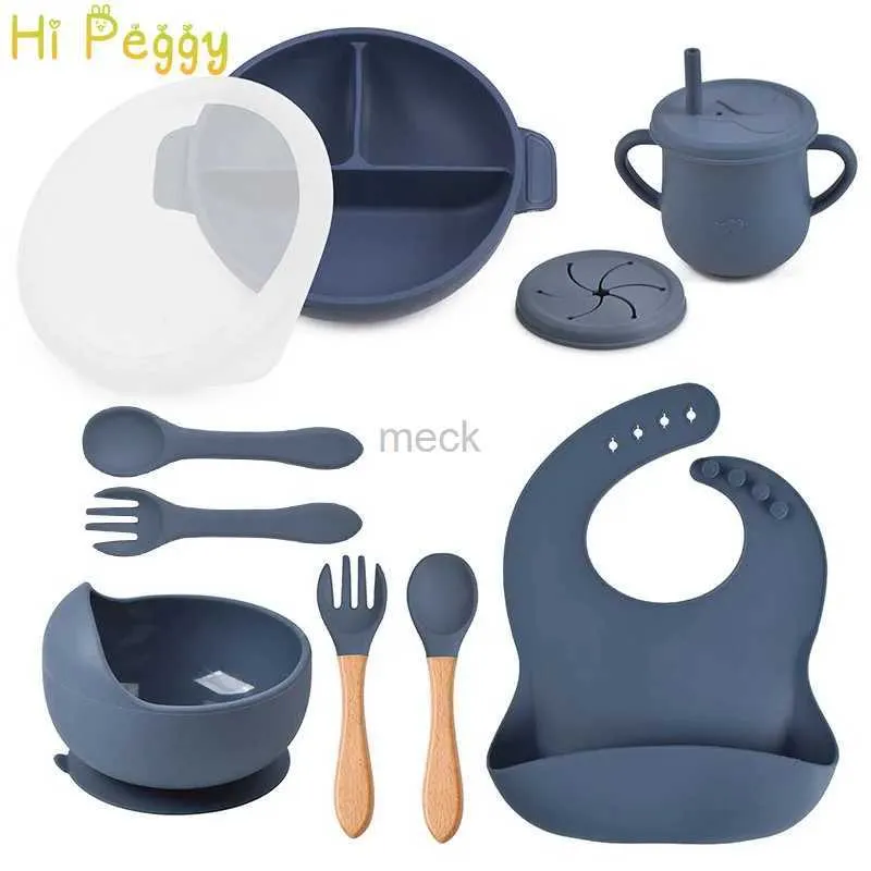 Copos pratos utensílios tigela de alimentação do bebê silicone ventosa placa pratos para criança colher garfo babador 9pcs conjuntos de utensílios de mesa de silicone para crianças bpa livre 240329