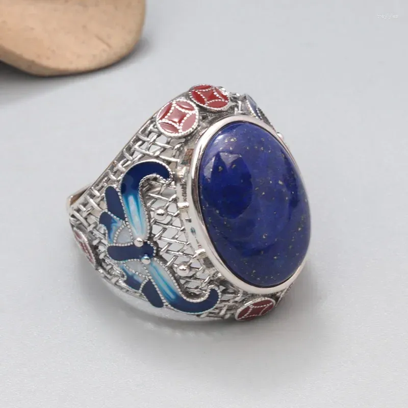 Küme halkaları emaye lapis lazuli oval yüzük erkekler için kadınlar retro etnik 925 sterling gümüş içi boş geniş ayarlanabilir parmak takı jz099