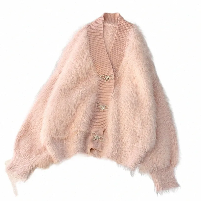 Розовая норковая пушистая одежда, женское пальто на осень и зиму, новый свободный короткий свитер с v-образным вырезом, кардиган q7dD #