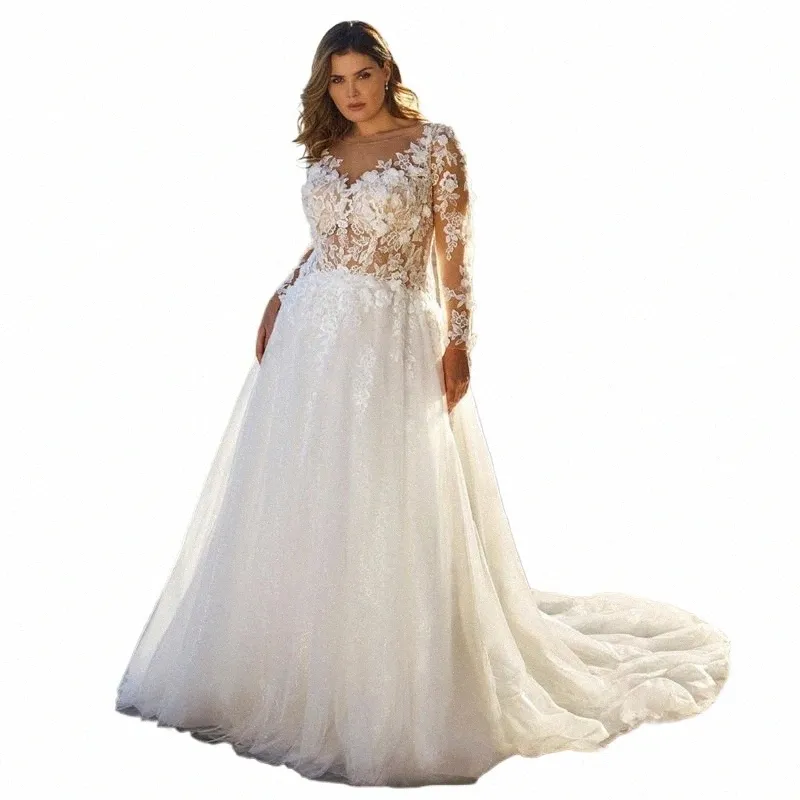 Elegant A-Line Wedding Dr White Plus Size Lace V-Neck LG Sleeve Tulle Ilusi Back Bridal Gown Sweep Train Vestido de Noiva Z2L3#