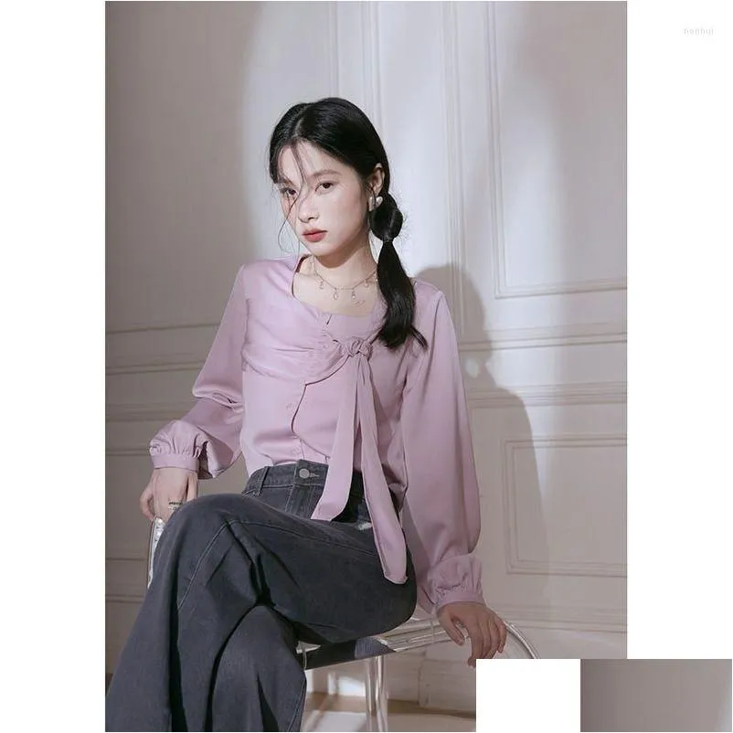 Womens Blouses Shirts Pink Chest Silk Autumn Dress Design Sense Small Crowd Lantern Sleeve Lace Blusas Clothes For Women Blouse Drop D Oteim