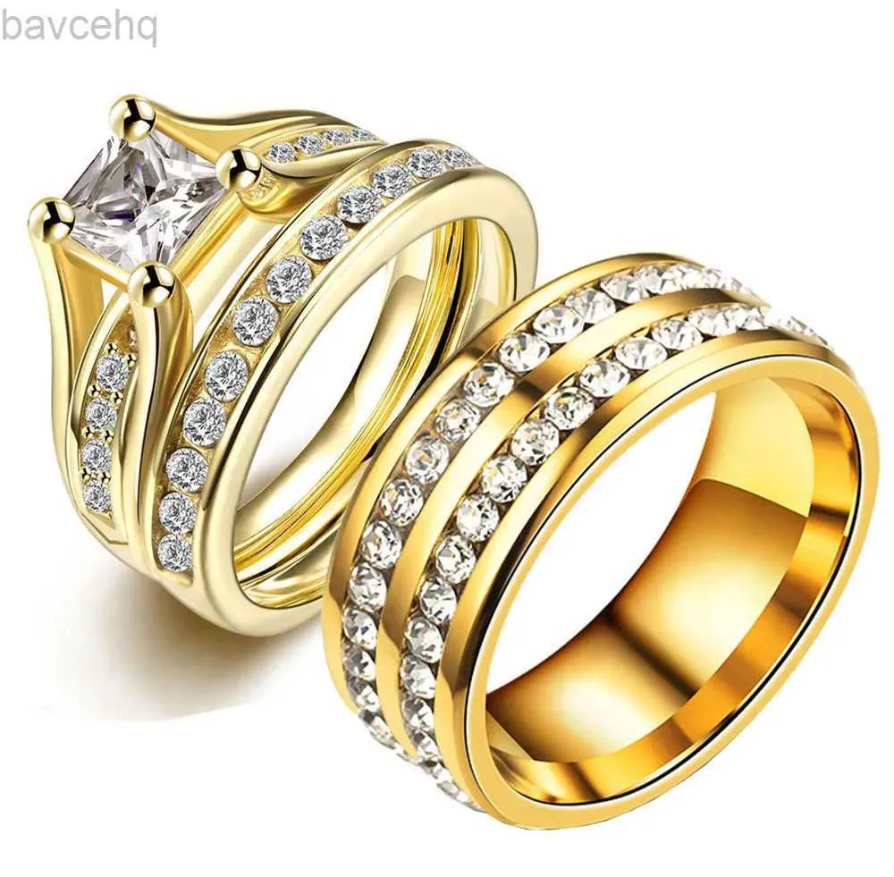 Bröllopsringar Princess Cut Cubic Zirconia Couples Rings rostfritt stål vigselring Set för kvinnor och män Party Jewelry Gold Color 24329