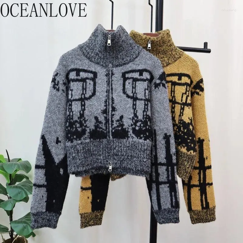 Kadın Örgüleri Oceanlove Kontrast Renk Fermuarı Kadınlar Hırgalar Vintage Sonbahar Kore Kore Sweaters Kalın Stand Yakası Örgü
