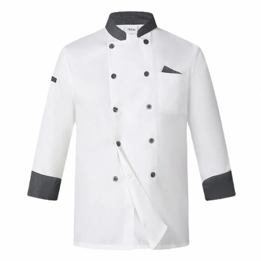 unisex donna uomo doppiopetto cappotto da cuoco Ctrast colore colletto alla coreana manica lunga giacca da cuoco ristorante cucina dell'hotel uniforme 17mo #