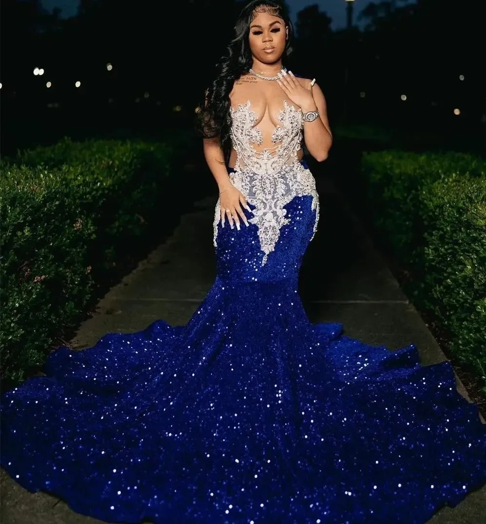 2024 Royal Blue paljetter Prom Party Dress for Black Girls Sheer Neck Beaded Applices Mermaid Evening Formal Birthday Blacks Black Girls Robe de Soiree