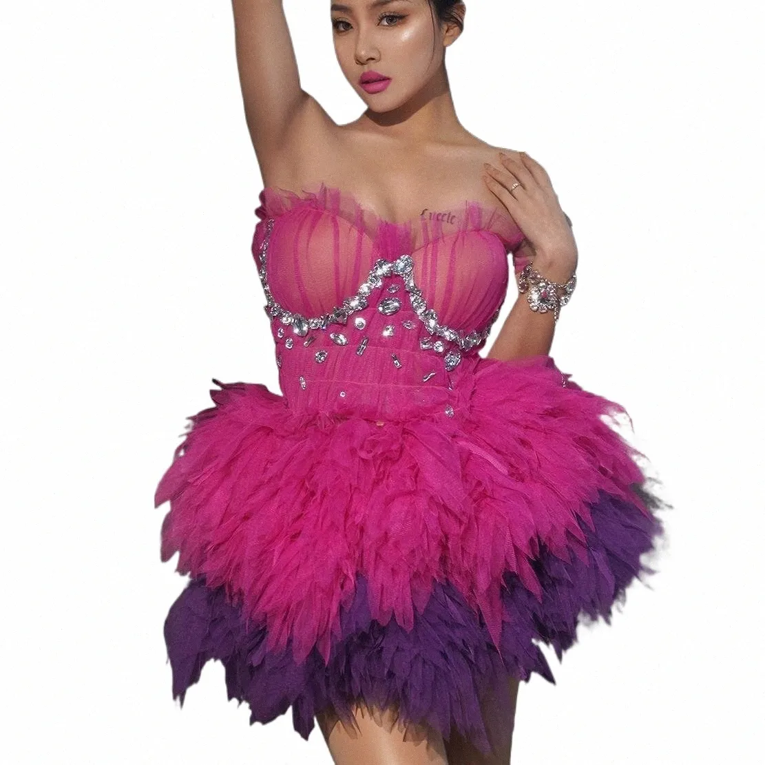 Bar Discoteca Dr Pink Mesh Dres Donne Photoshoot Prom Outfit Dance Stage Costume Sleevel Cocktail Short Party Dr N2f0 #