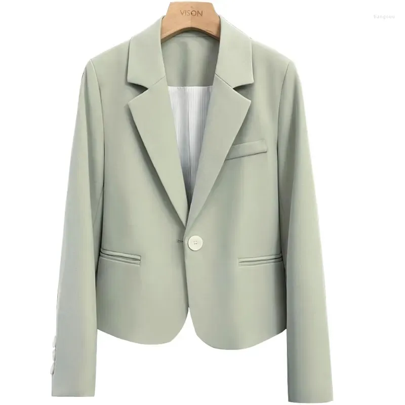 Costumes pour femmes, Blazer court solide, vert, bouton unique, veste de bureau pour dames, vêtements d'extérieur féminins, printemps