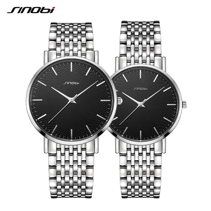 Sinobi Set Par Watches Top Luxury Quartz Mans titta på rostfritt stål Band Ultra-Thin Quartz Time Wristwatch Reloj Mujer3222