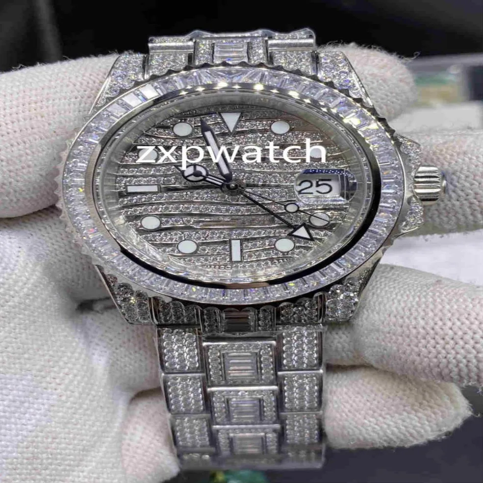 En Kaliteli Erkekler ETA2836 Saatler Buzlu Diamond Watch 40mm Silver 904 Paslanmaz Çelik Kılıf Diamond Yüzü İzle Auto223Z