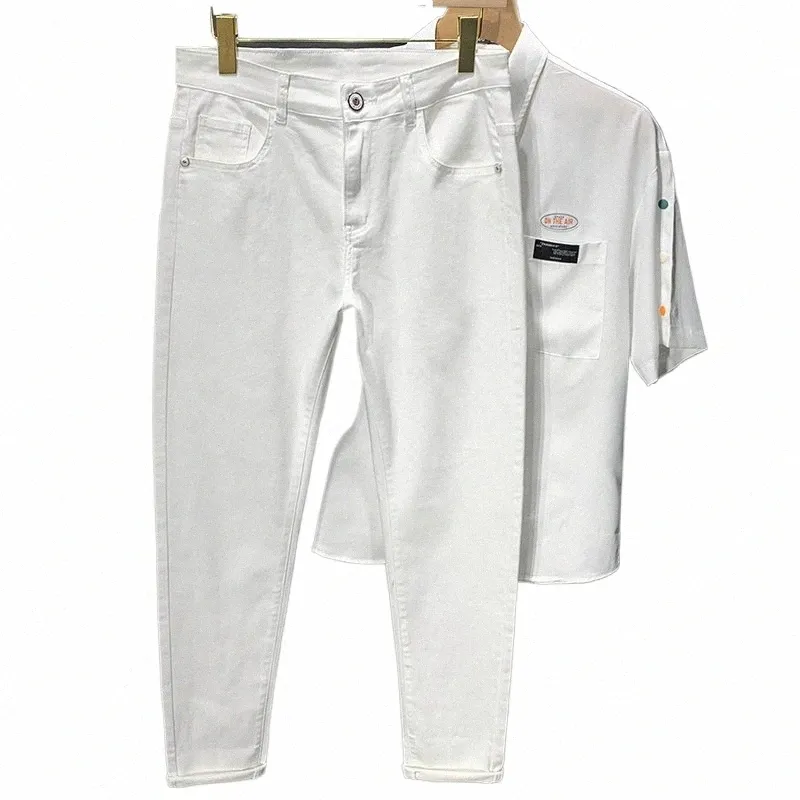 2023 Autumn New Men's White Black Jeans Straight Slim Fit Casual Fi Elastic Cott Trousers Male Streetwear Denim Pants P6Hz#