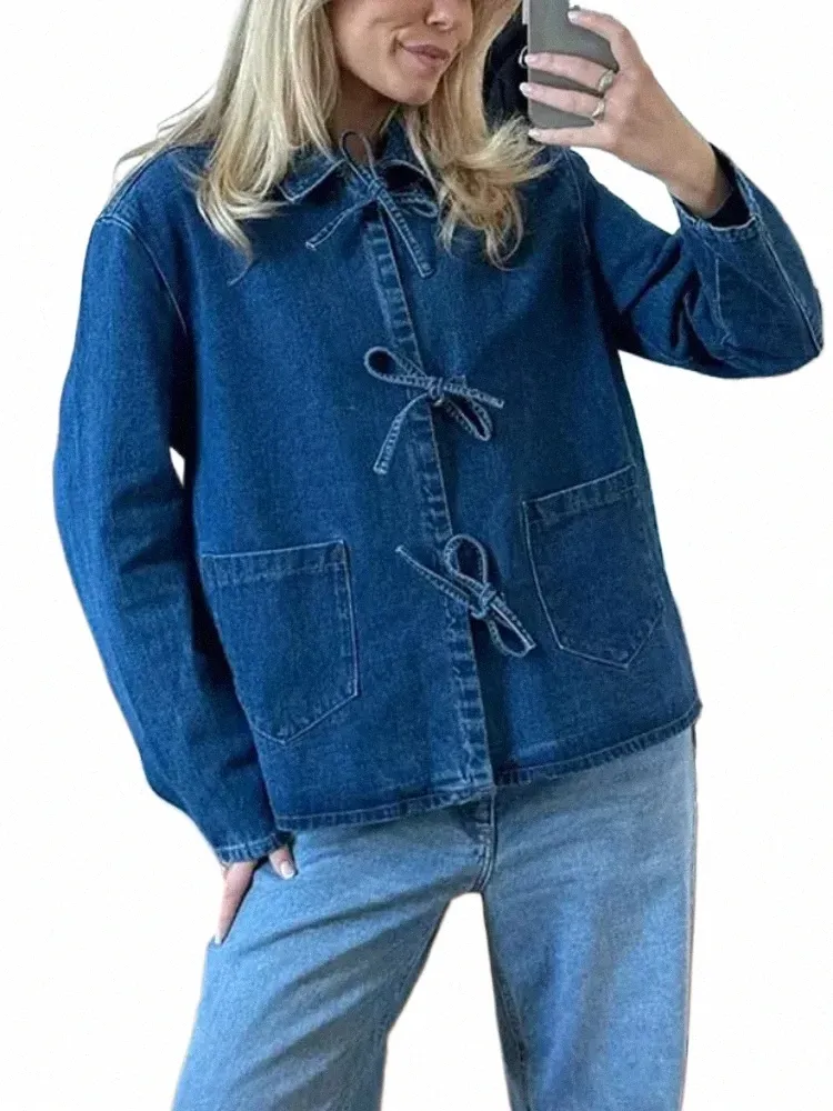 fi Lace Up Women Denim Jackets Casual Loose Lapel Lg Sleeve Pocket Female Coats 2024 Spring Bow Office Lady Overcoat New o603#