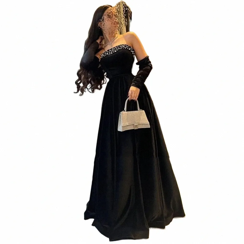 eeqasn Black A Line Veet Prom Party Vestidos para mulheres Arábia Saudita Cristal Lg Mangas Strapl Formal Evening Dres B8kR #