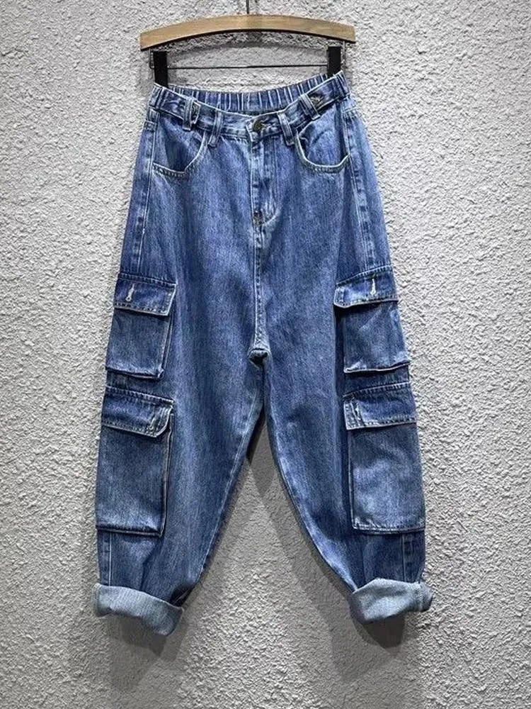 Frauen Jeans Vintage Herbst 2024 Cargo Elastische Hohe Taille Lose Multi-Pocket Daddy Weibliche Denim Knöchel-länge Hosen