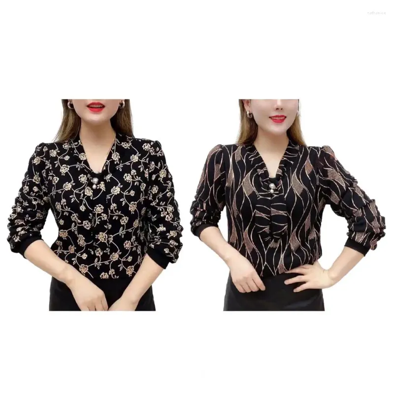 Blusas femininas mulheres camisa de manga longa poliéster elegante gravata com decote em v com mangas falso pérola detalhando solto para moda