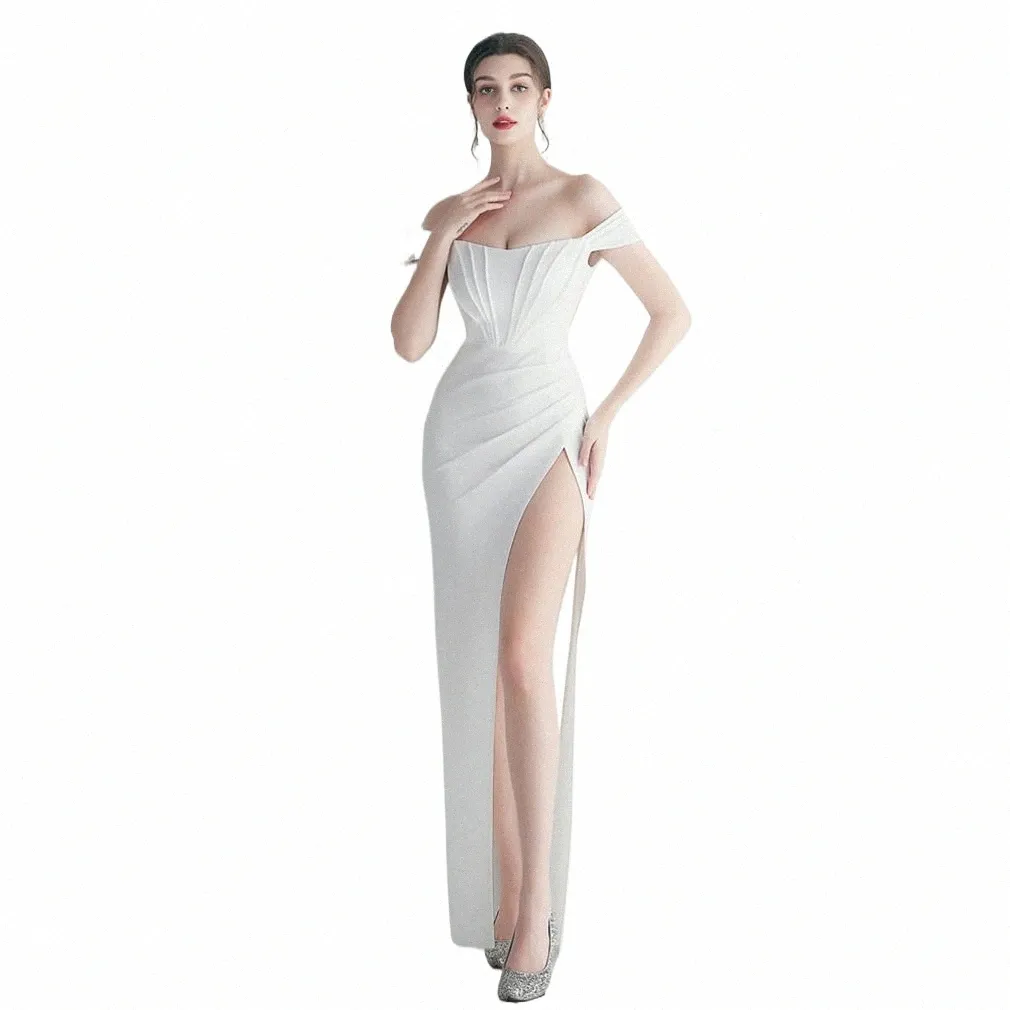 sexy Women Off-Shoulder Lg Formal Dr 2024 New in Satin Slit Maxi Dr Elegant Ladies Wedding Evening Prom Party Gown 46cm#