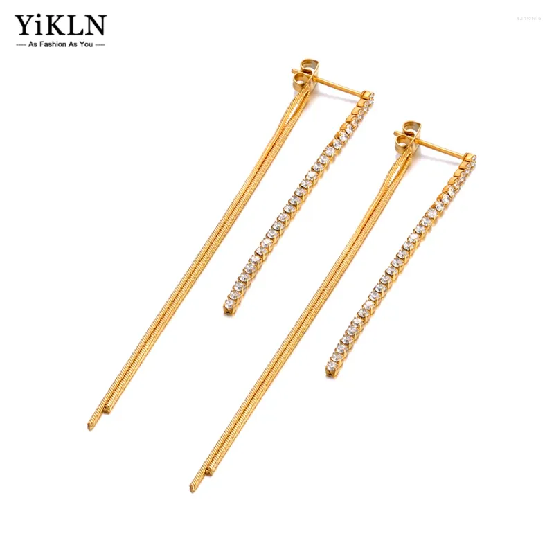 Dangle brincos yikln aço inoxidável zircônia cúbica longa borla gota para mulheres na moda festa jóias hipoalergênicas ye23155