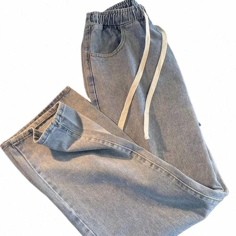 Summer Thin Women's Jeans FI Elastic Midje Burrs Drawstring Straight Denim Pants Simple Preppy Style All-Match Byxor Z70K#
