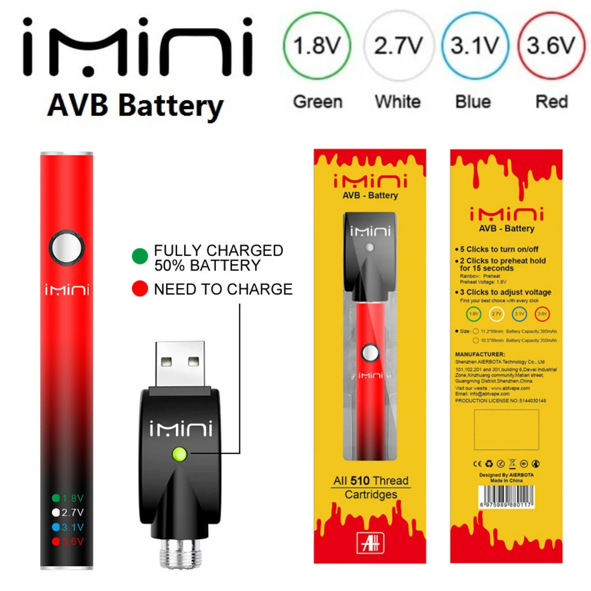 IMINIバッテリー380MAHマックス予熱バッテリー可変電圧ECIG