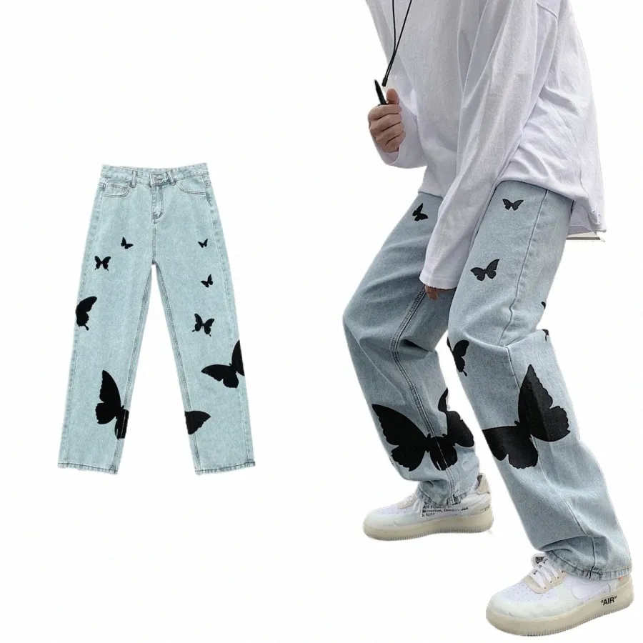 Papillon Imprimer Jeans Hommes Pantalons Lâche Baggy Jeans Pantalon Denim Casual Streetwear Droit Fi Pantalon Vêtements Vintage u7aX #